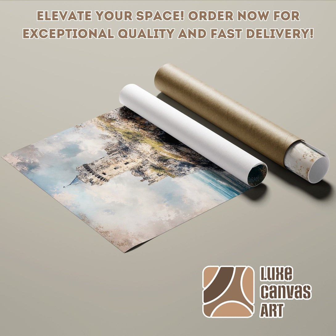 Poster Roll featuring a castle scene in watercolor style, with a neutral color palette. Order now!