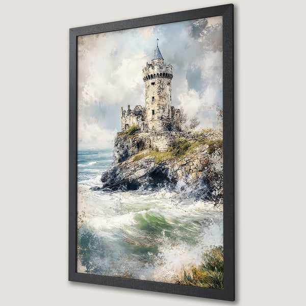 Framed Poster featuring a coastal castle painting in a vintage style with a blue, green, and beige color palette. Perfect wall art!