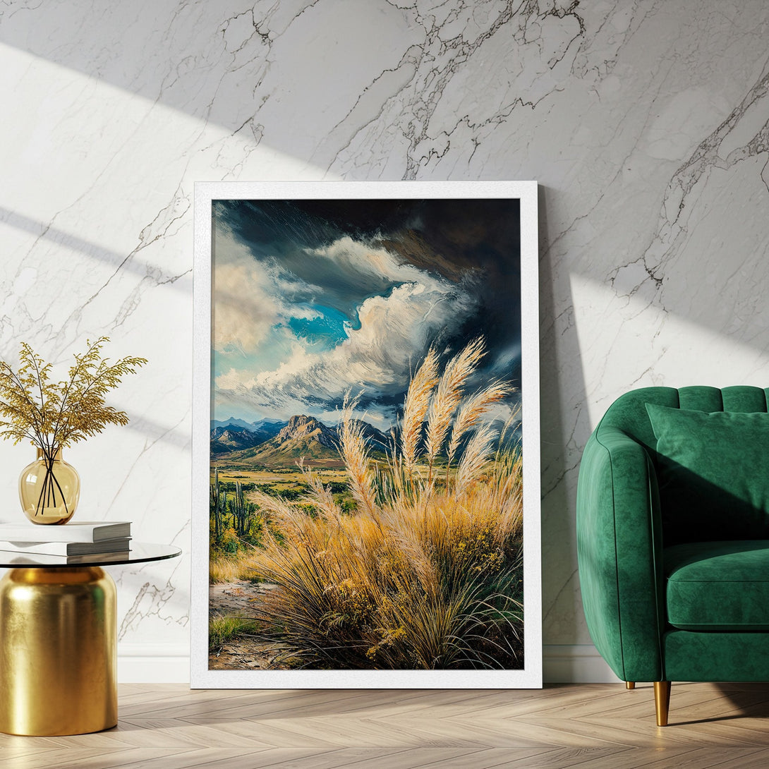 Framed Poster of a dramatic landscape painting with golden grasses, bold clouds, and a warm color palette. Perfect wall art!
