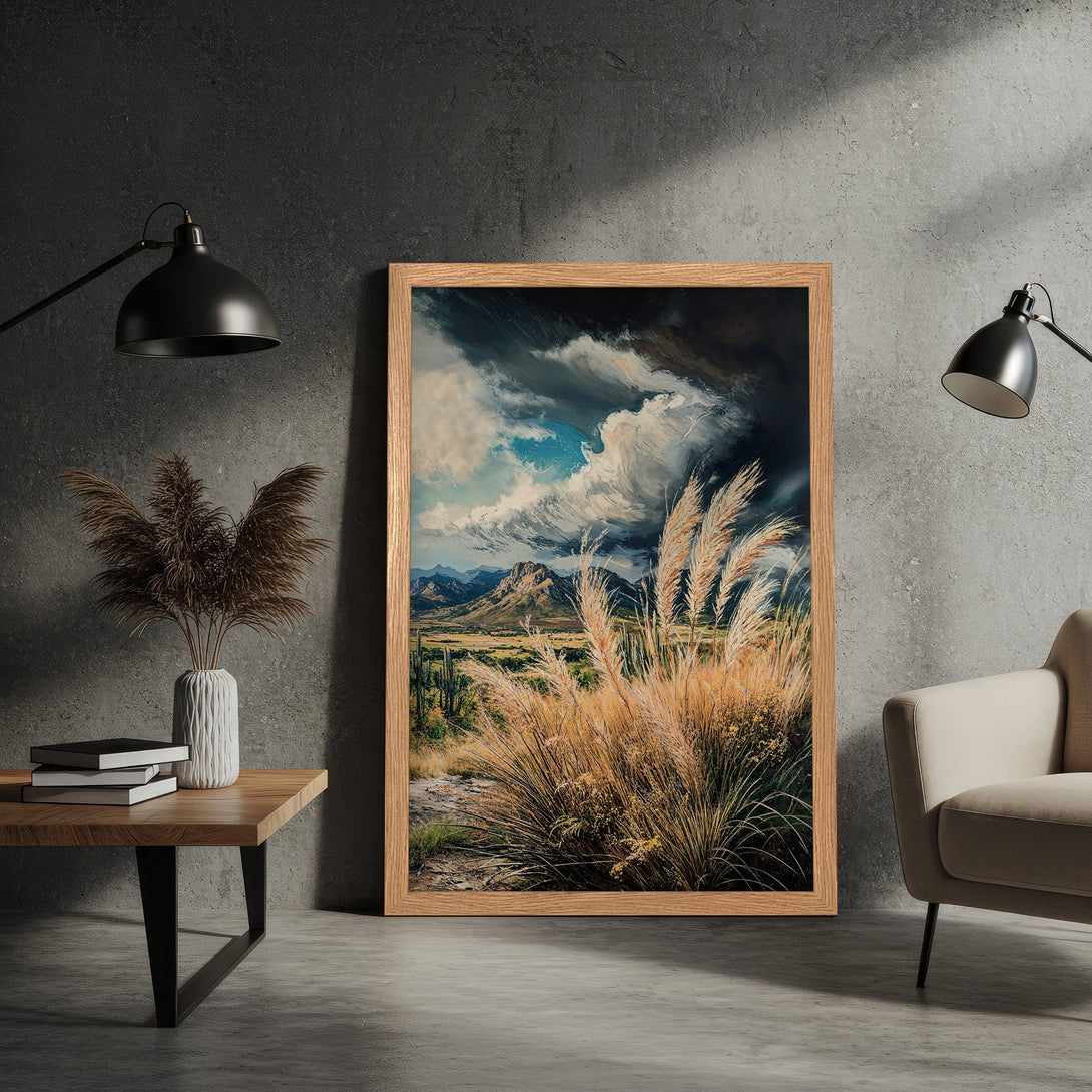 Framed Poster featuring a dramatic landscape painting with a moody sky and warm color palette. Perfect wall art for any home.