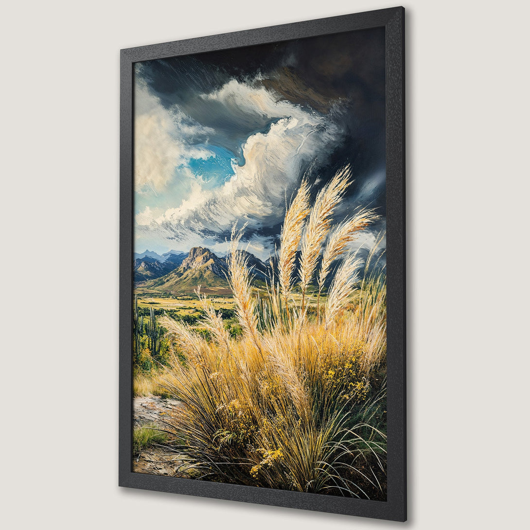 Framed Poster of a landscape painting with golden grasses, mountains, and dramatic clouds. Earthy tones with a touch of blue.