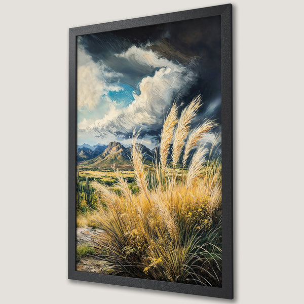 Framed Poster of a landscape painting with golden grasses, mountains, and dramatic clouds. Earthy tones with a touch of blue.