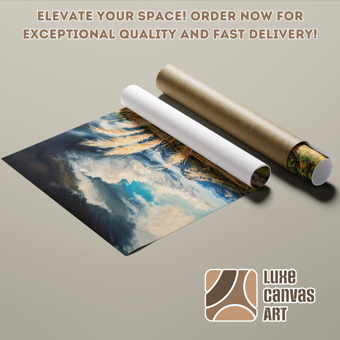 Poster Roll featuring an abstract landscape art print with blue, beige, and brown tones. Elevate your space with Luxe Canvas Art!