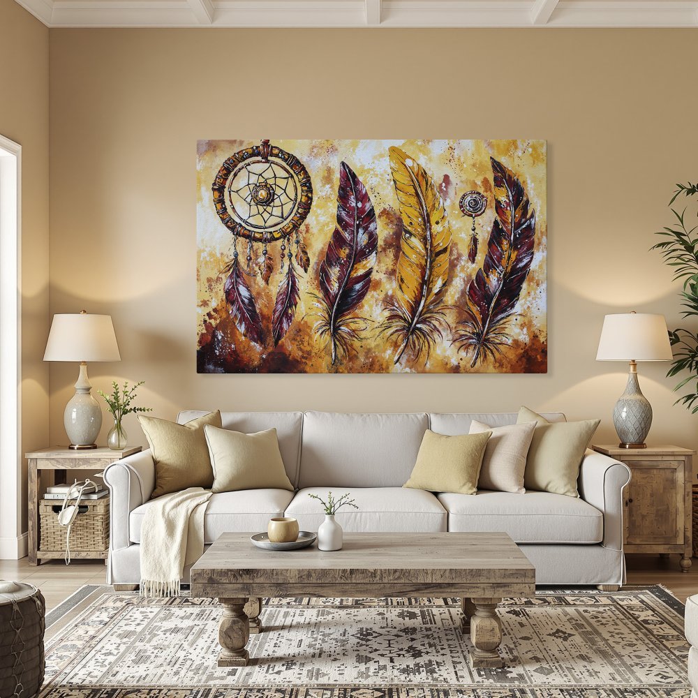 Framed Wall Art featuring a dreamcatcher and feathers in warm, earthy tones. Add bohemian style to your home with this stunning canvas print!