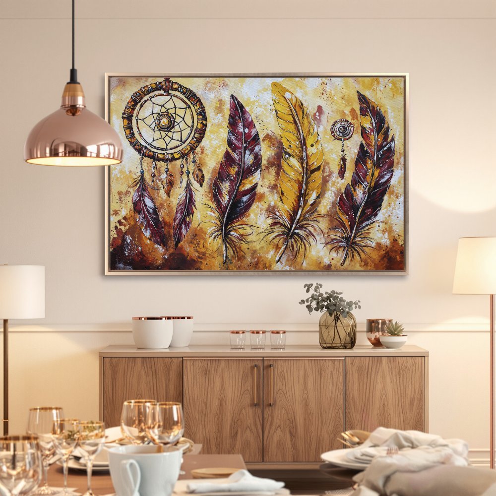 Framed Wall Art: Dreamcatcher & feathers canvas print. Rustic style, warm yellow & brown tones. Perfect for boho home decor.