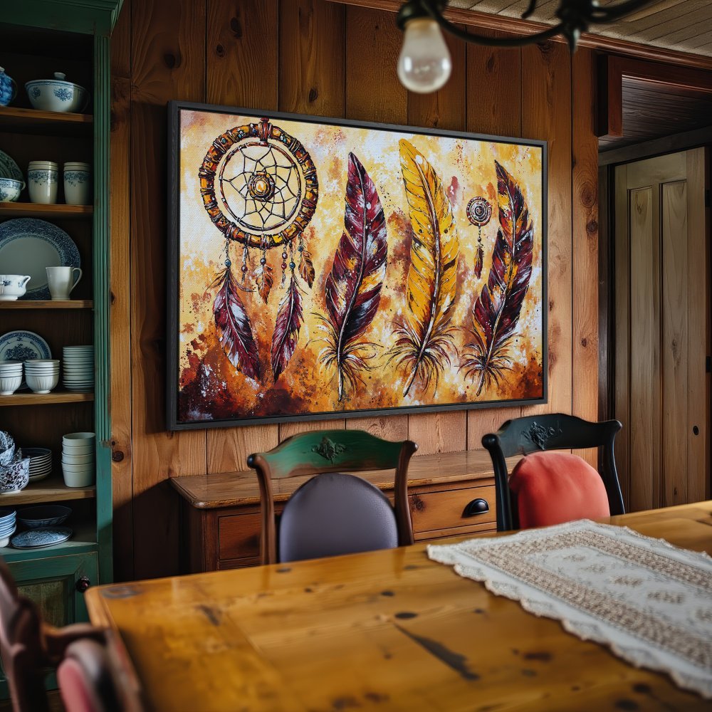 Framed Wall Art: Dreamcatcher and feather painting in warm tones. Rustic style Canvas Print adds a cozy, bohemian touch to any room.