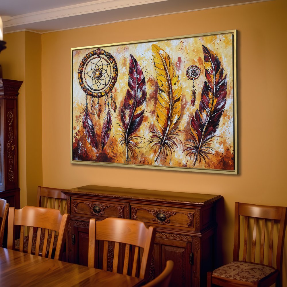 Canvas Print featuring a dreamcatcher and feathers in warm yellow and brown tones, perfect for bohemian home decor.
