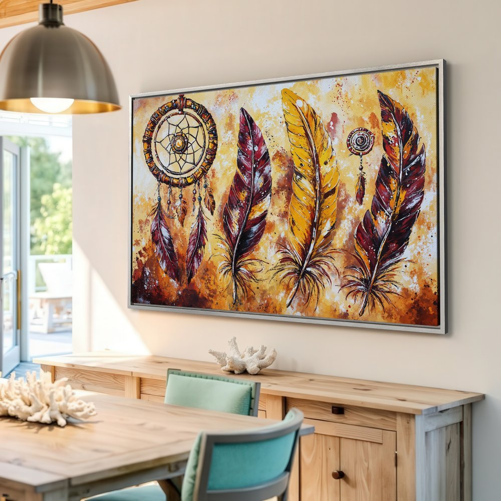 Framed Wall Art featuring a dreamcatcher and feathers in warm, earthy tones. Perfect for bohemian or rustic decor.