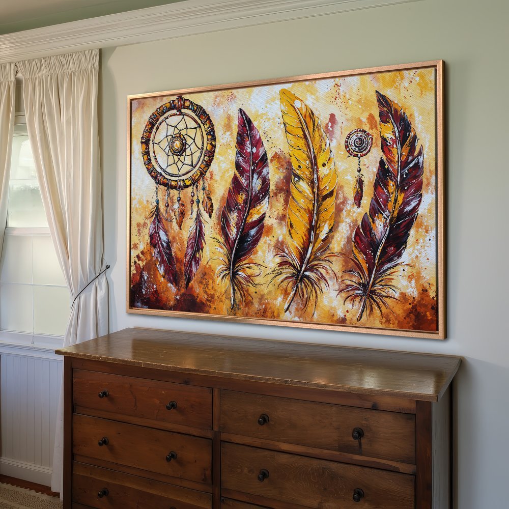 Framed Wall Art featuring a dreamcatcher and feathers. Warm, earthy tones in a vibrant, bohemian style. Perfect for home decor!