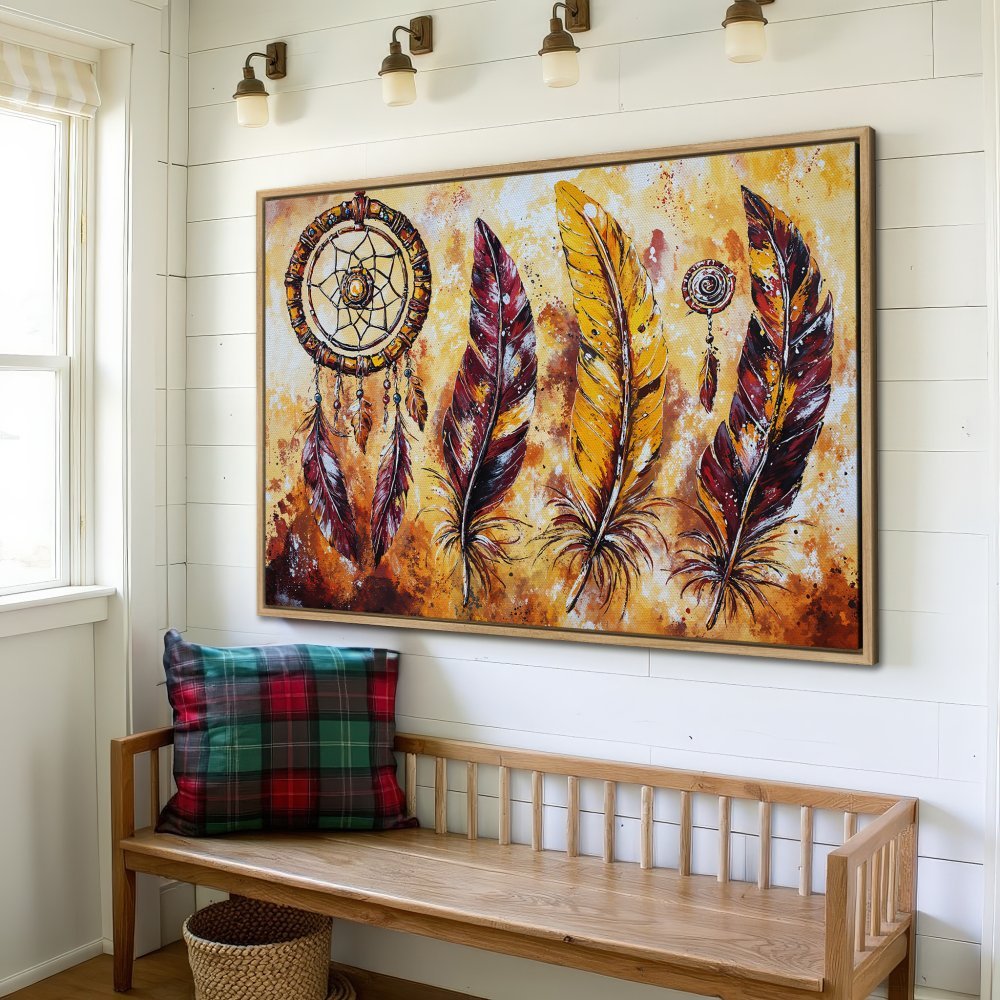 Framed Wall Art: Dreamcatcher and feather canvas print in warm yellow, red, and brown tones. Perfect for boho decor and adding artistic flair.