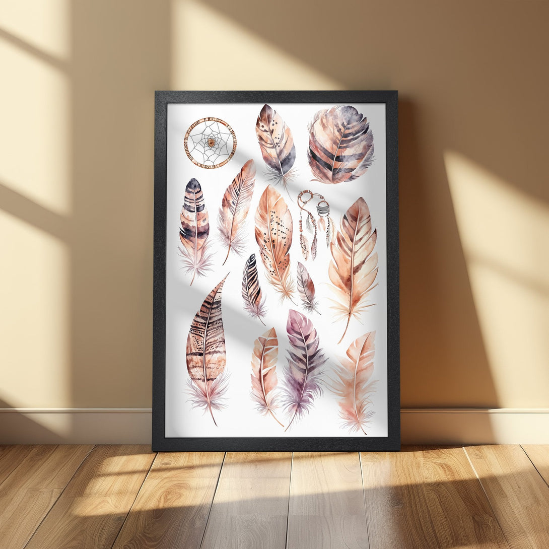 Framed Poster featuring watercolor feathers in earthy tones. Bohemian style art print, perfect for home decor.