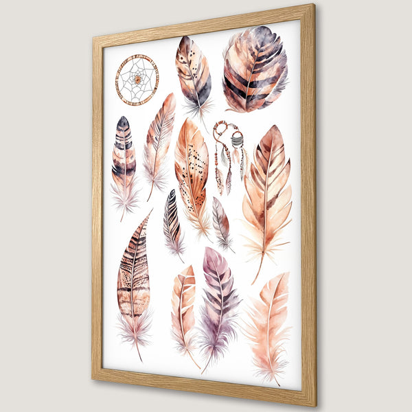 Framed Poster featuring watercolor feathers in warm earth tones. Boho style art print for your home decor.