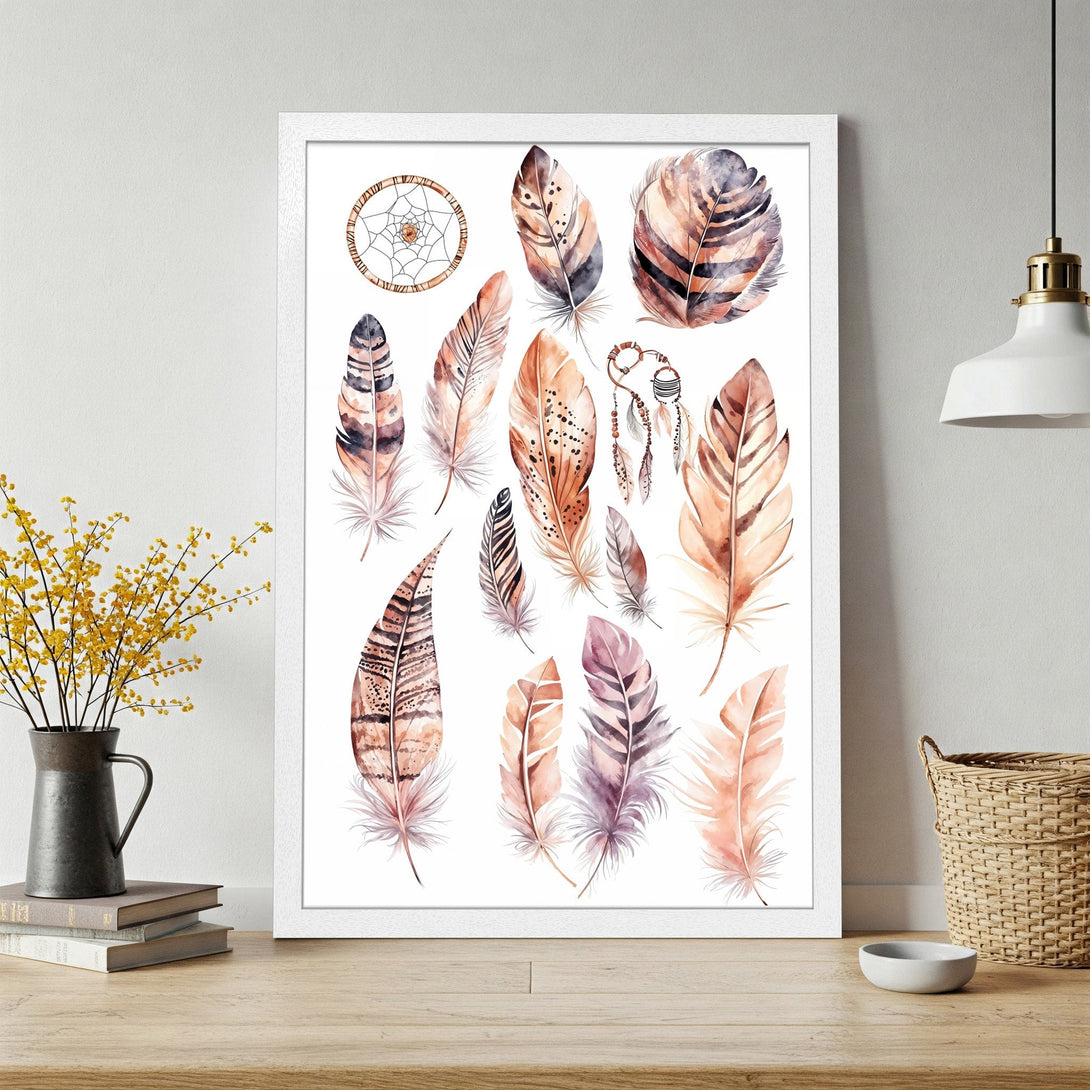 Framed Poster featuring watercolor feathers in warm earth tones, perfect for boho decor.