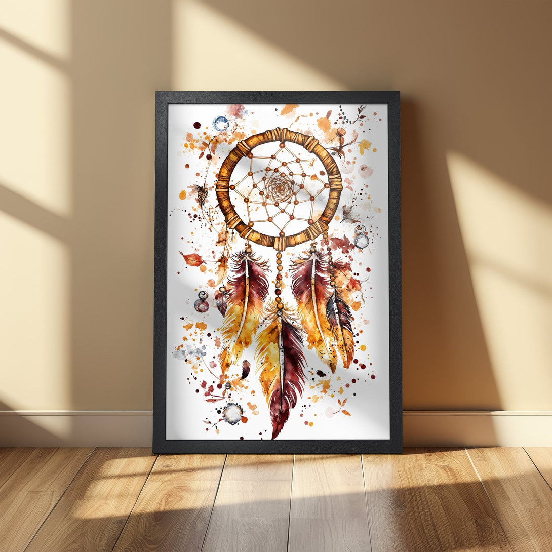 Framed Poster featuring a watercolor dreamcatcher in warm earth tones. Boho art print for your home decor.