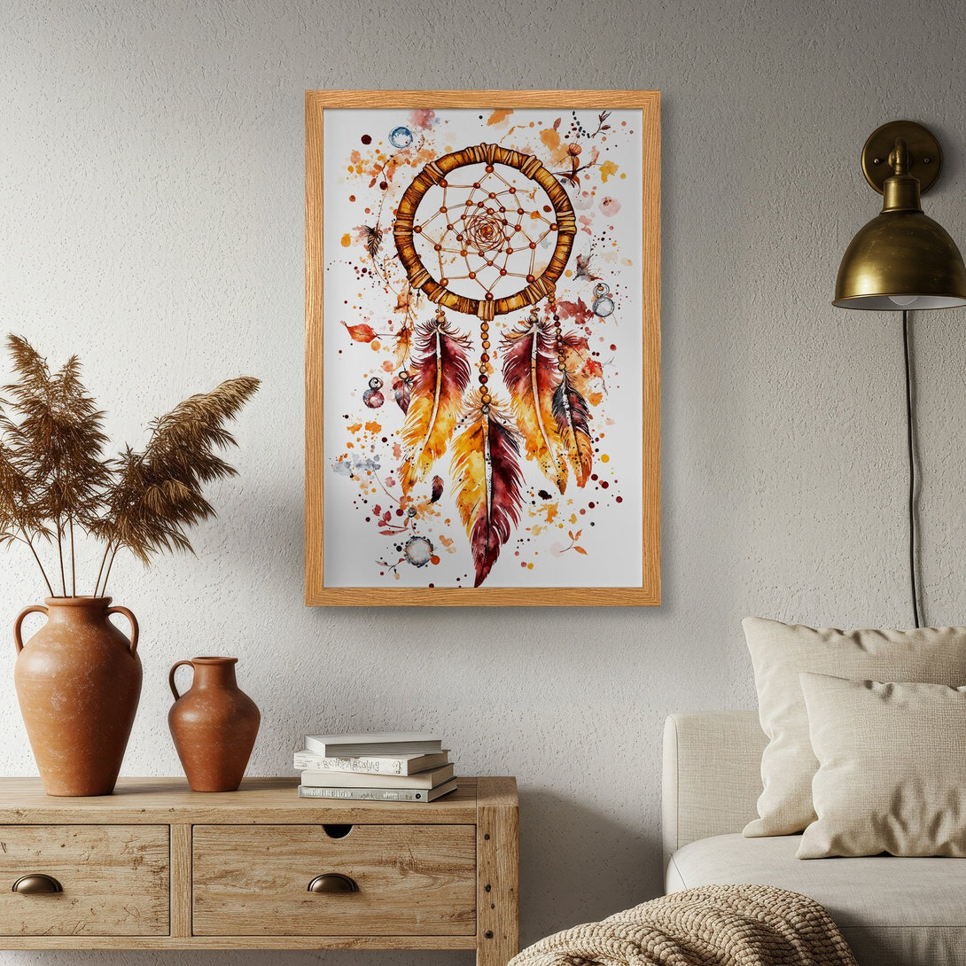 Framed Poster featuring a watercolor dreamcatcher in warm earth tones. Perfect boho wall art to add a touch of serenity.