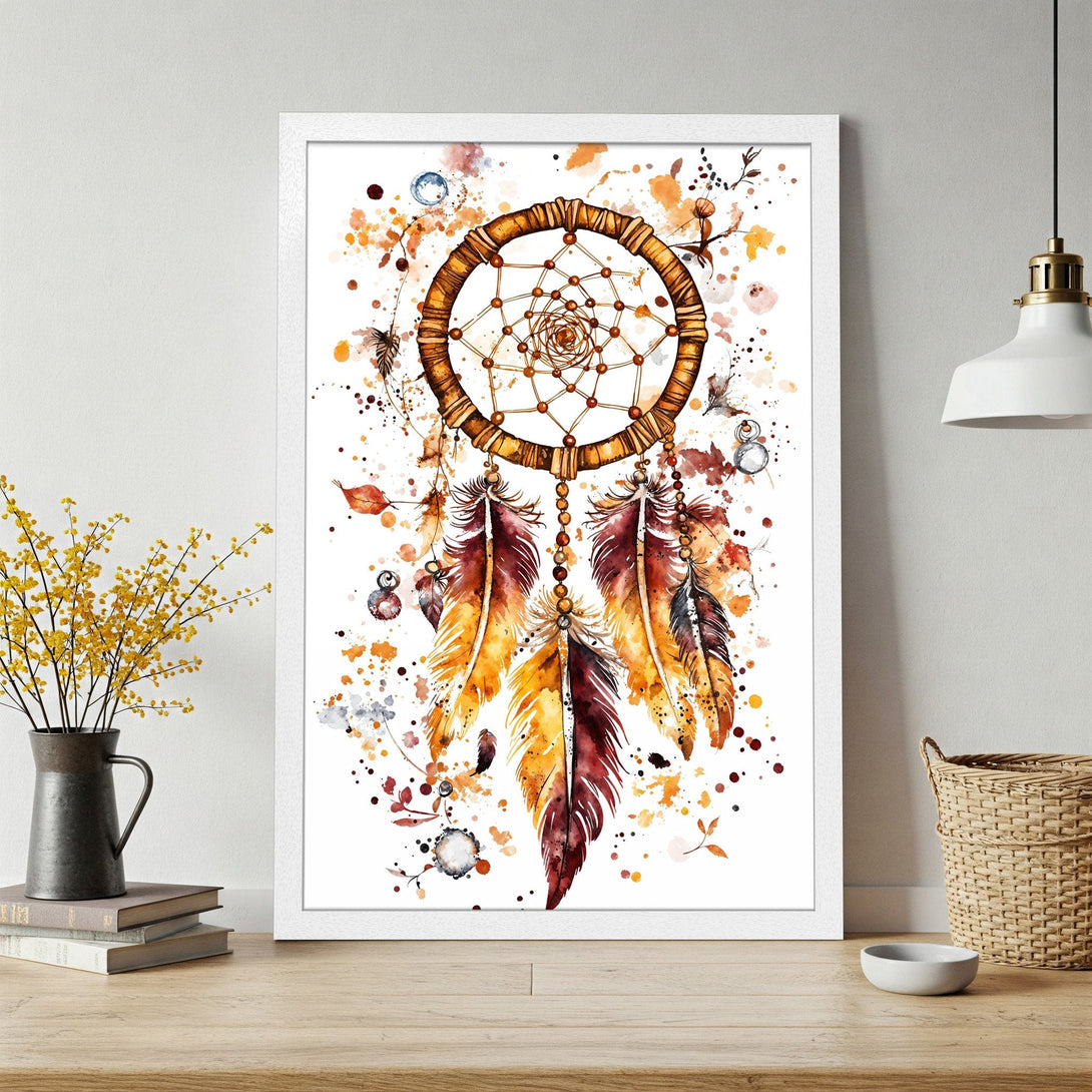 Framed Poster featuring a watercolor dreamcatcher. Earthy tones of orange, brown, and yellow create a boho-chic style. Perfect wall art!