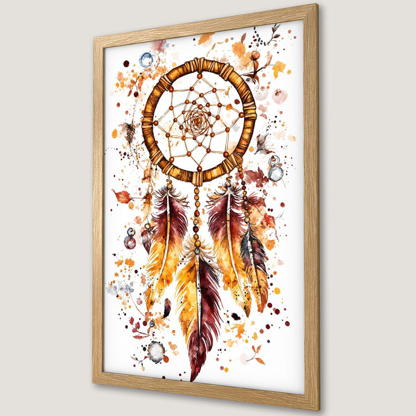 Framed Poster featuring a watercolor dreamcatcher in warm orange, brown, and yellow tones. Bohemian style art print for your home decor.