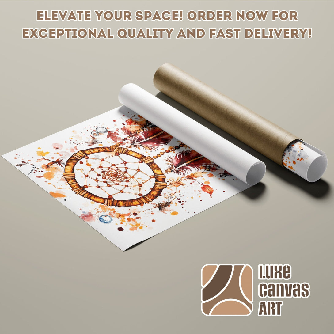 Dreamcatcher Poster Roll in watercolor style, featuring warm earth tones. Perfect wall art for your home!
