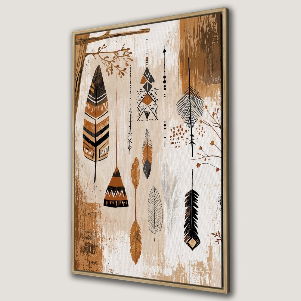 Framed Wall Art: Boho feather print in warm brown & beige tones. Perfect for adding a touch of bohemian style to your home decor.