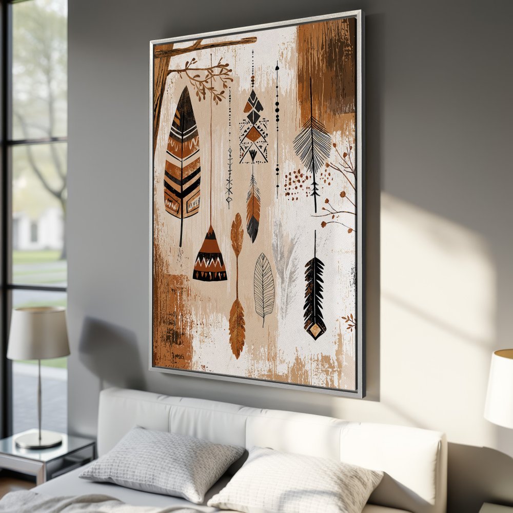 Framed Wall Art: Bohemian feather art in warm brown and beige tones. Perfect for adding a touch of boho style to your bedroom decor.