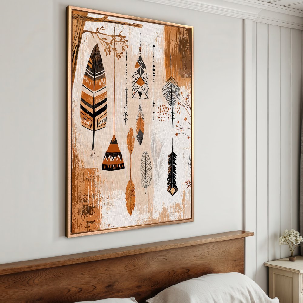 Framed Wall Art: Abstract feather design in warm earth tones. Bohemian style Canvas Print, perfect for bedroom decor.