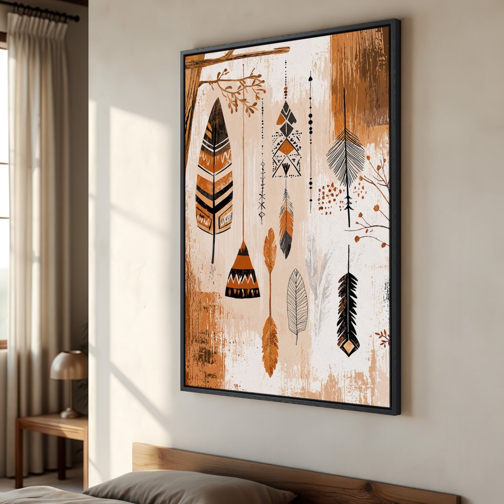 Framed Wall Art featuring boho feather design in warm earth tones. Perfect for adding a touch of bohemian style to your bedroom decor.