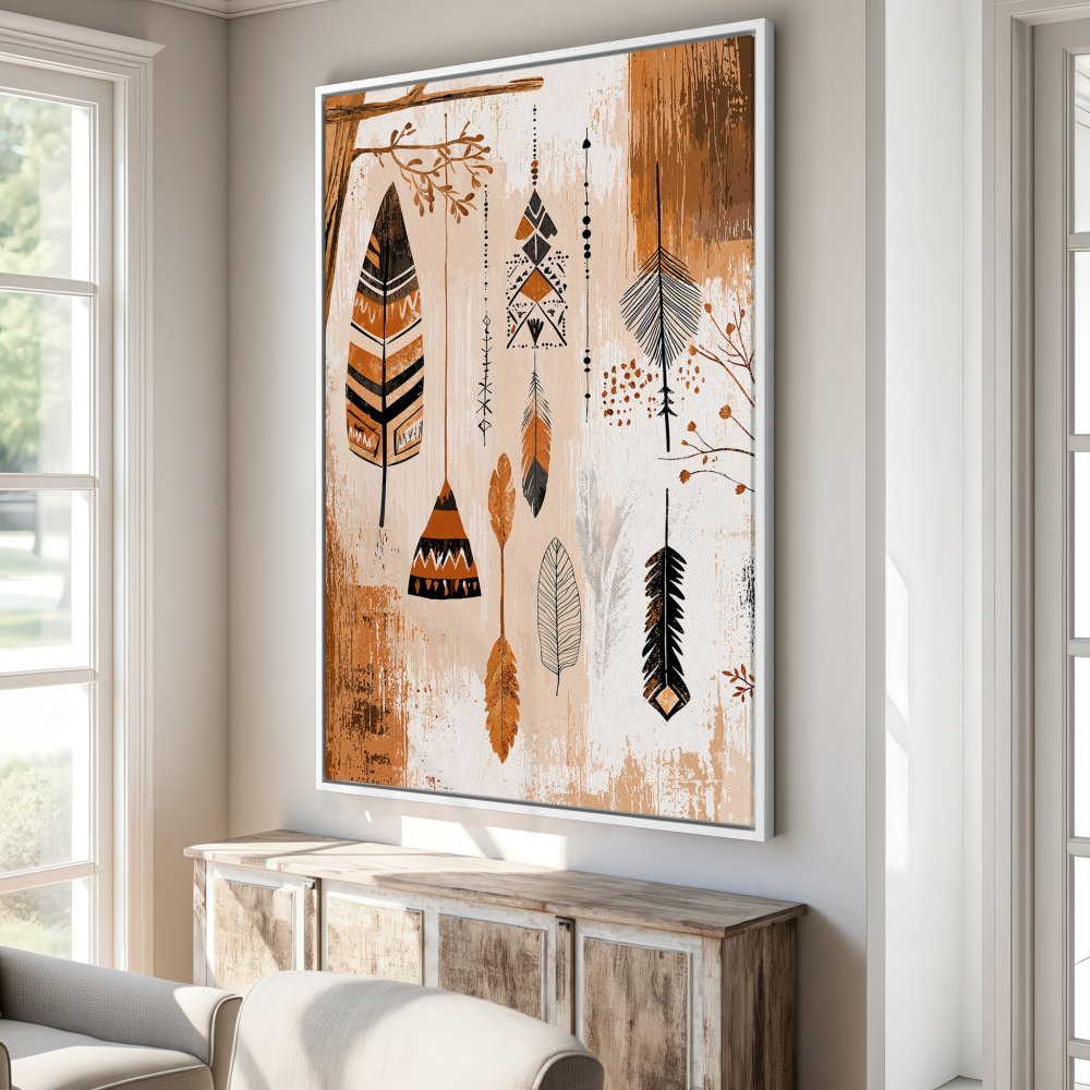 Framed Wall Art: Boho feather print in warm brown tones. Add a touch of rustic charm to your home with this stylish canvas print.