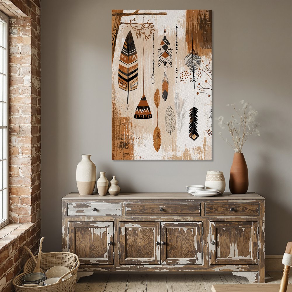 Framed Wall Art: Boho feather print in warm earth tones. Perfect for adding a touch of rustic charm to your home decor. Shop now!