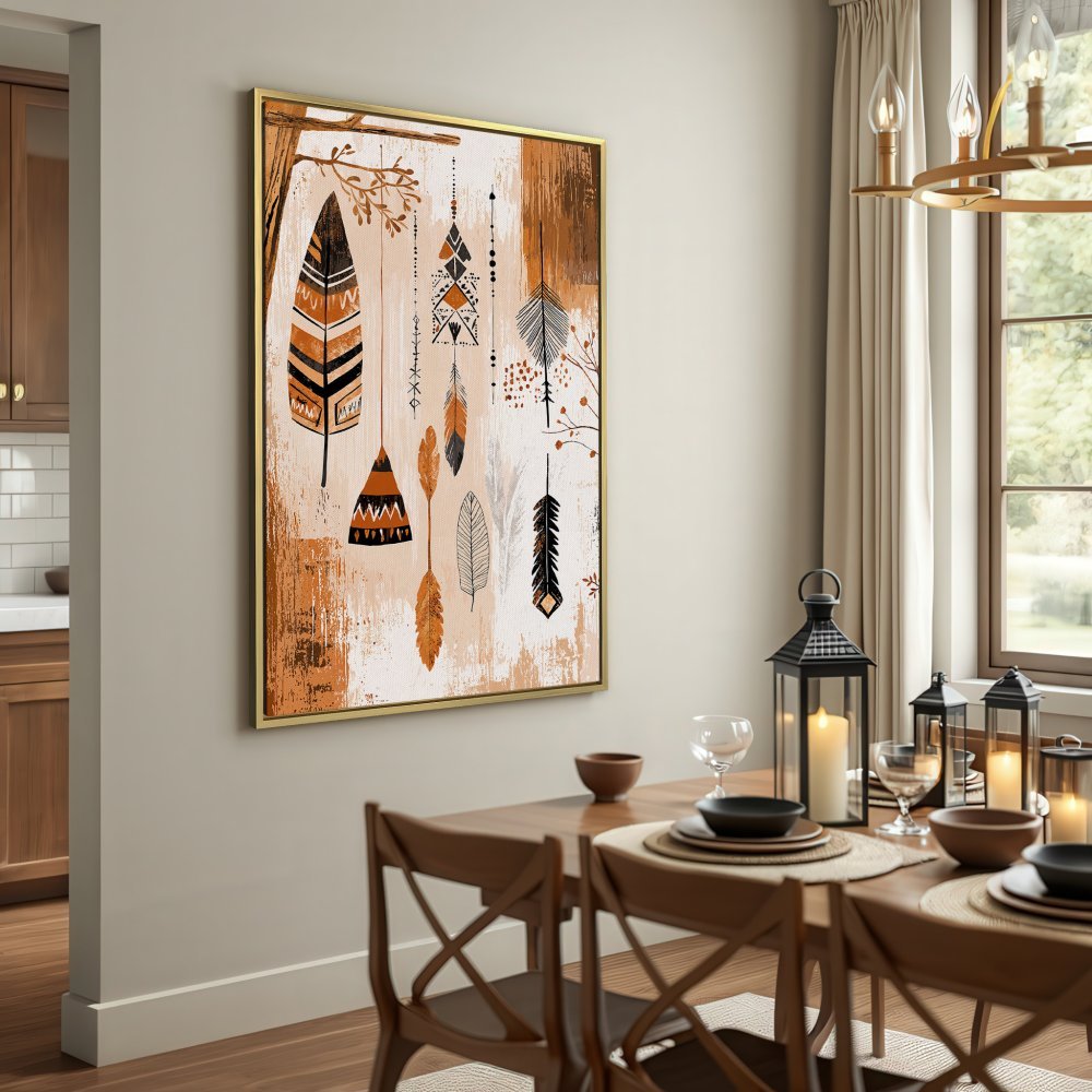 Boho feather Canvas Print in warm earth tones. Perfect wall art for a cozy living room.