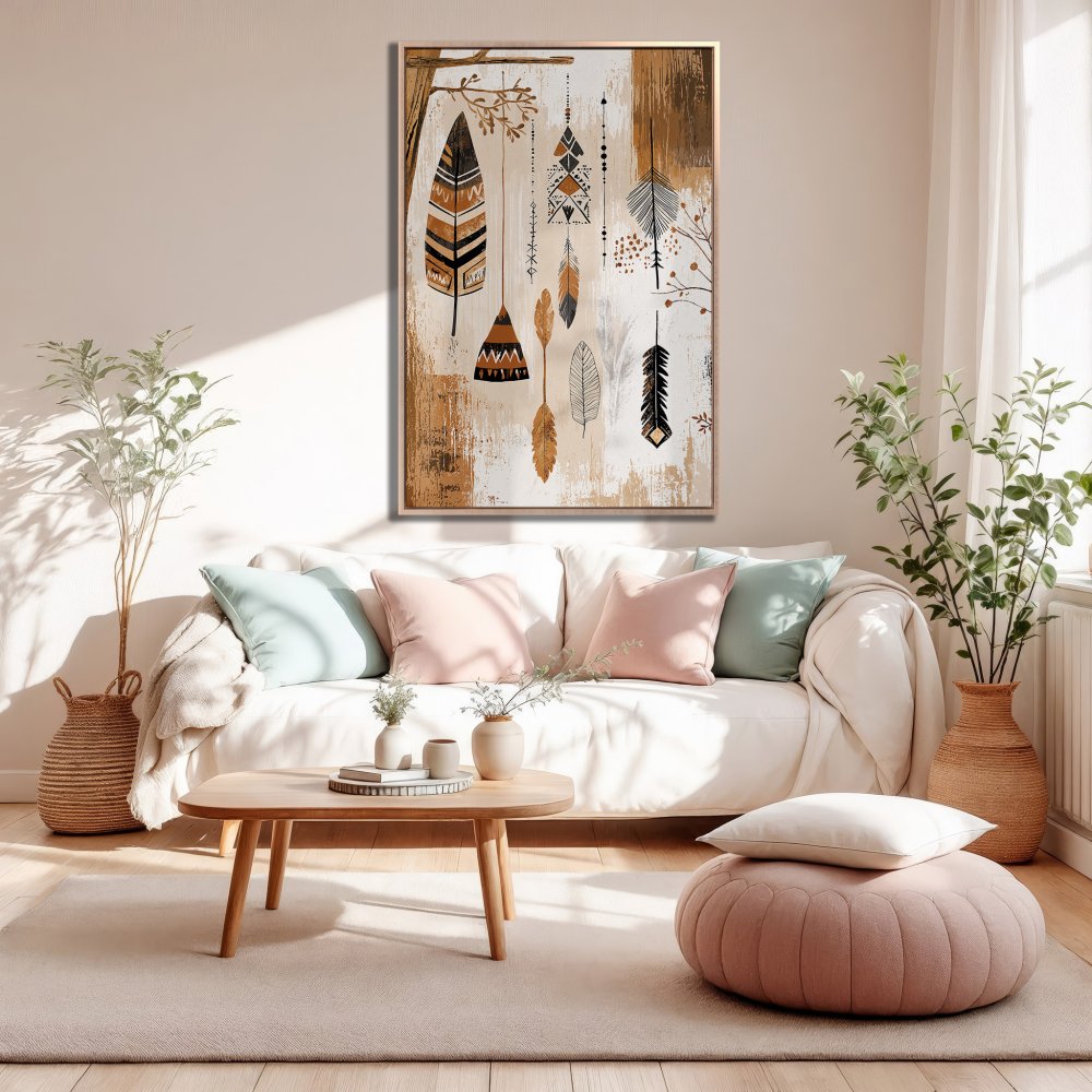 Framed Wall Art featuring boho feather design in warm earth tones. Perfect for living room decor.