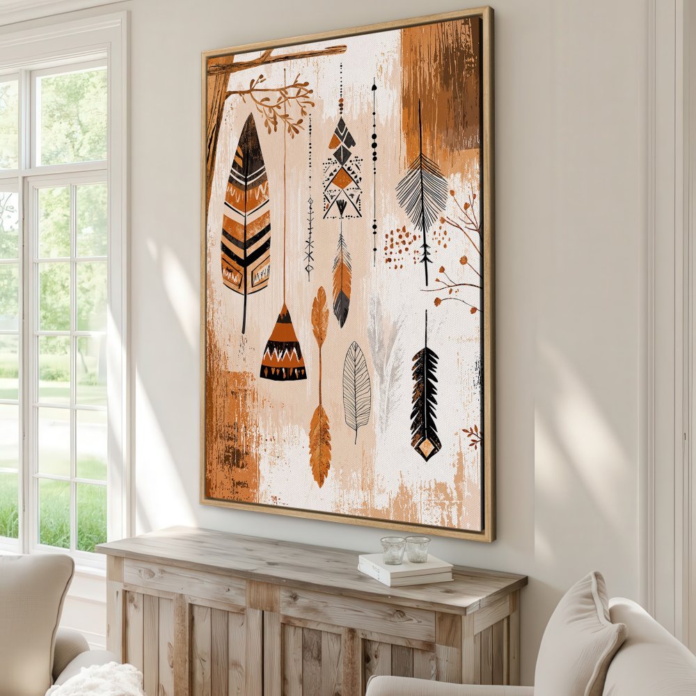 Framed Wall Art: Boho feather art print in warm earth tones. Add a touch of bohemian style to your home decor!