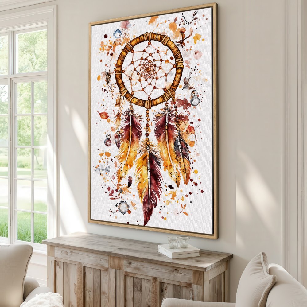 Framed Wall Art: Watercolor dreamcatcher print in warm earth tones. Boho style canvas art for living room decor.
