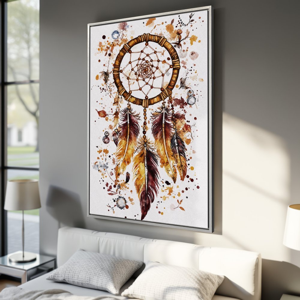 Framed Wall Art: Watercolor dreamcatcher in warm earth tones. Add bohemian style to your home with this beautiful Canvas Print!