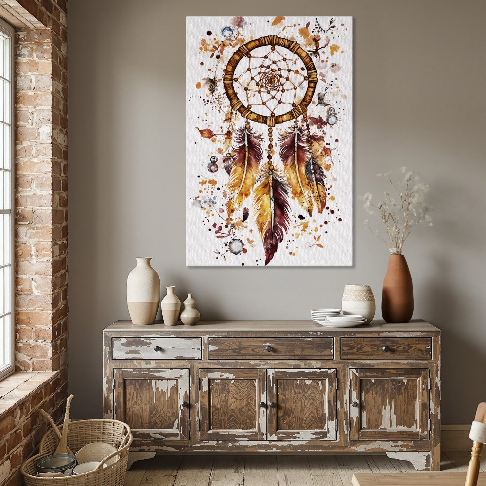 Framed Wall Art: Watercolor dreamcatcher print in warm earth tones. Perfect boho decor for your dining room or living space.