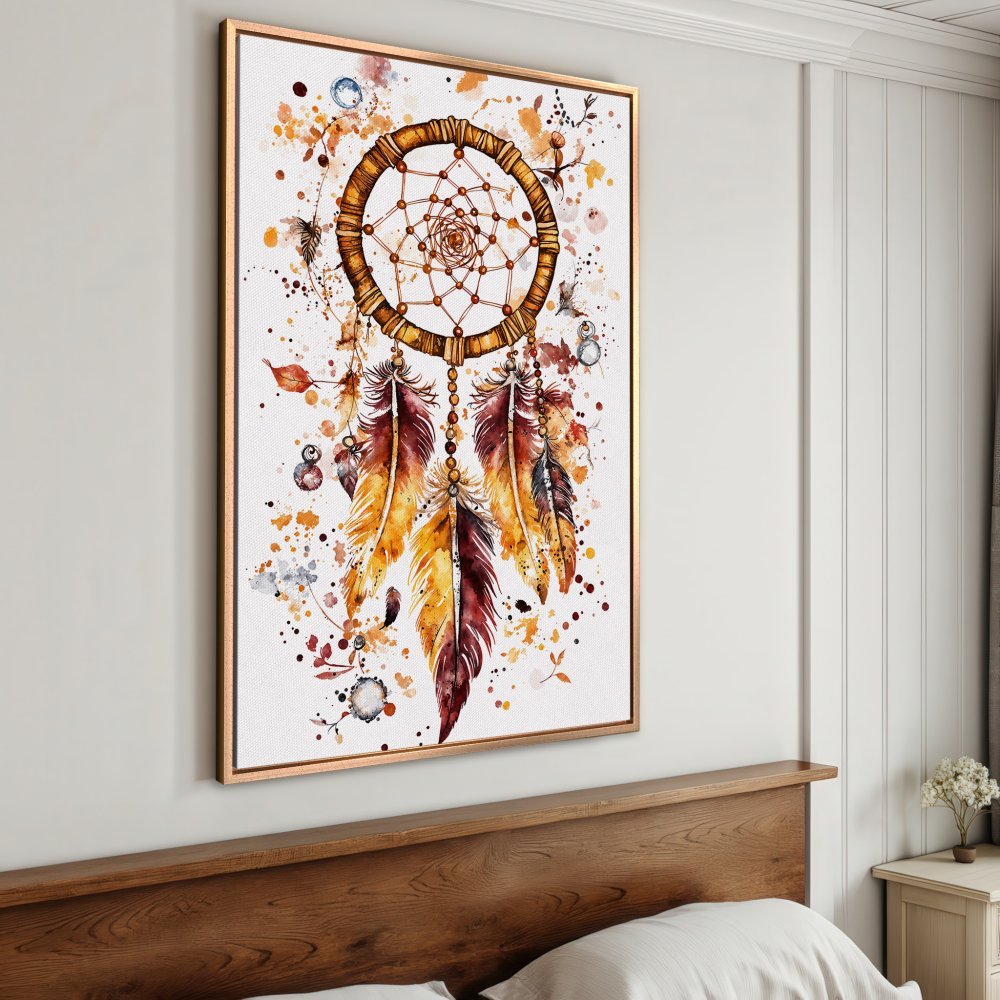Framed Wall Art: Watercolor dreamcatcher print in warm earth tones. Boho style canvas art for bedroom decor.