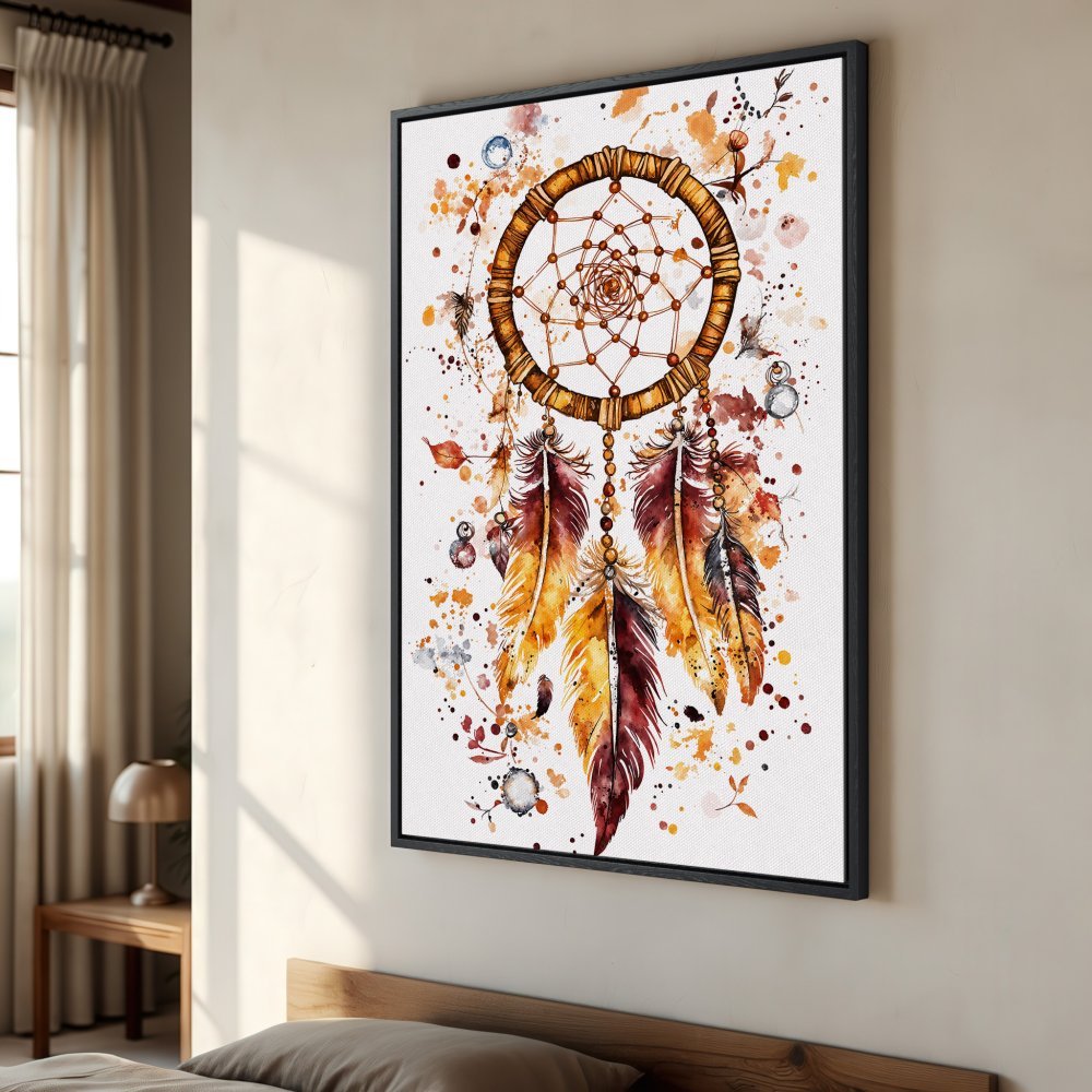 Framed Wall Art: Watercolor dreamcatcher print in warm orange and brown tones. Perfect boho decor for your bedroom or living room.