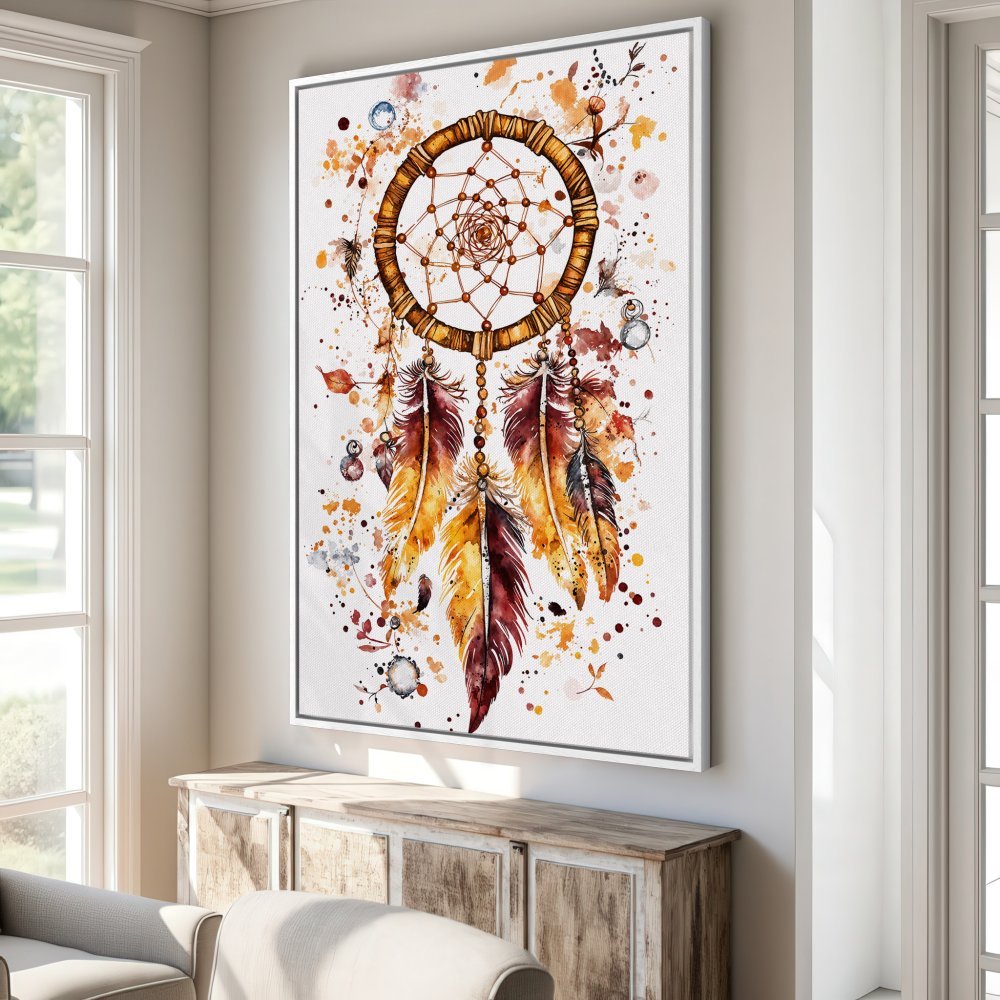 Framed Wall Art featuring a watercolor dreamcatcher. Earth-toned Canvas Print adds boho style to any room. Warm orange and brown hues.