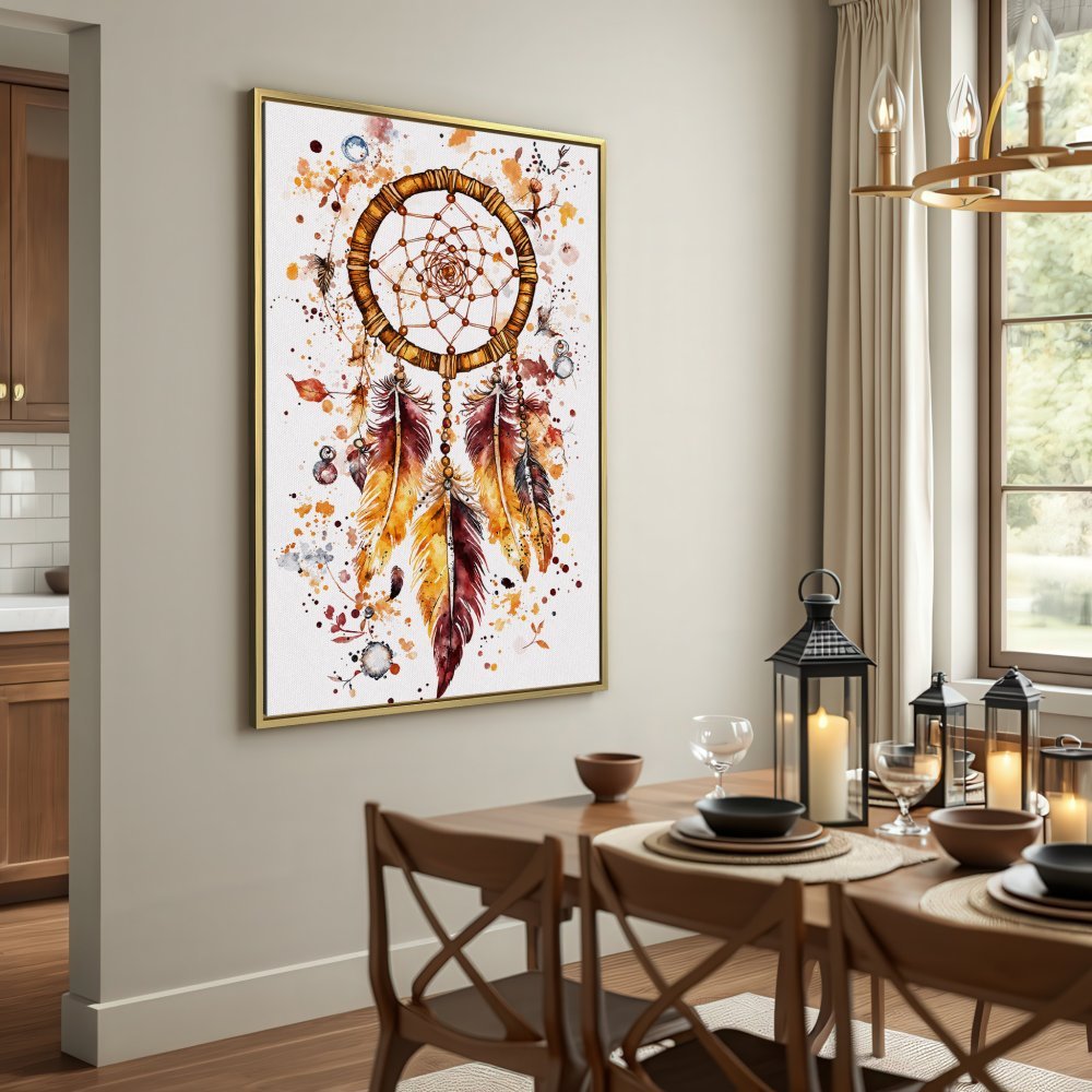 Watercolor Canvas Print of a dreamcatcher. Boho style wall art in warm, earthy tones. Add a touch of serenity to your space!