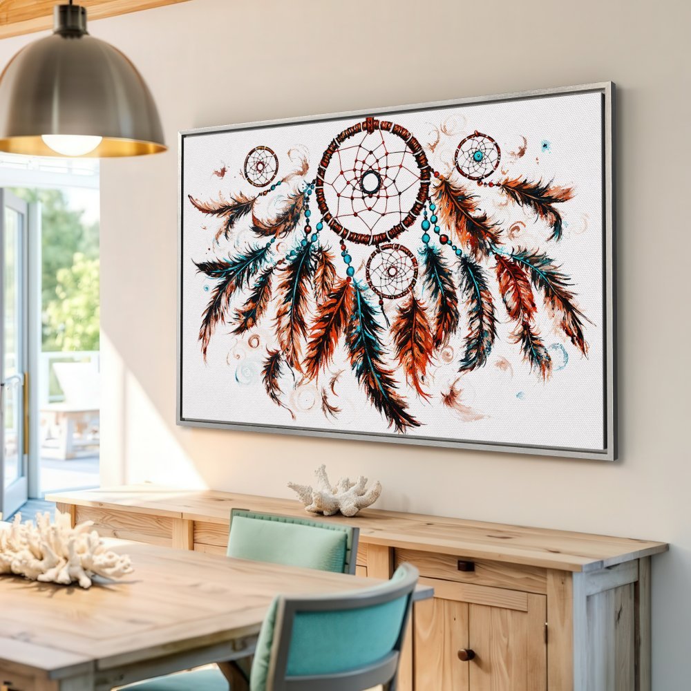 Dreamcatcher Canvas Print in boho style, featuring a warm color palette of orange, teal, and brown. Perfect for adding a touch of artistry to your home decor.