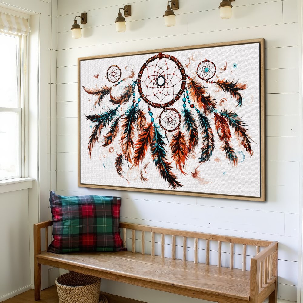 Framed Wall Art: Dreamcatcher canvas print with rustic style and warm orange, teal, and brown color palette. Perfect for boho decor!