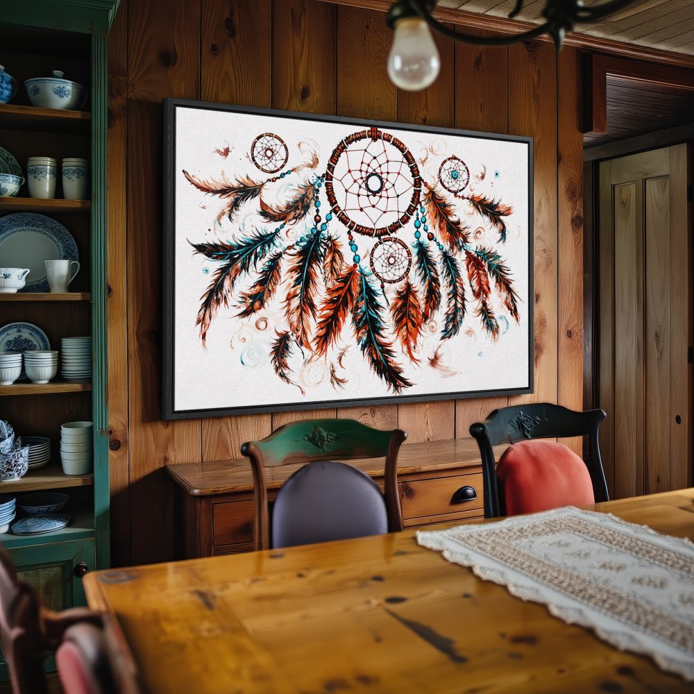 Framed Wall Art: Dreamcatcher canvas print with turquoise, brown, and orange feathers. Boho style art for rustic home decor.