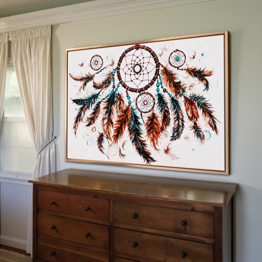 Framed Wall Art: Dreamcatcher print with boho style, featuring warm orange, teal, and brown tones. Perfect for adding a touch of artistry.