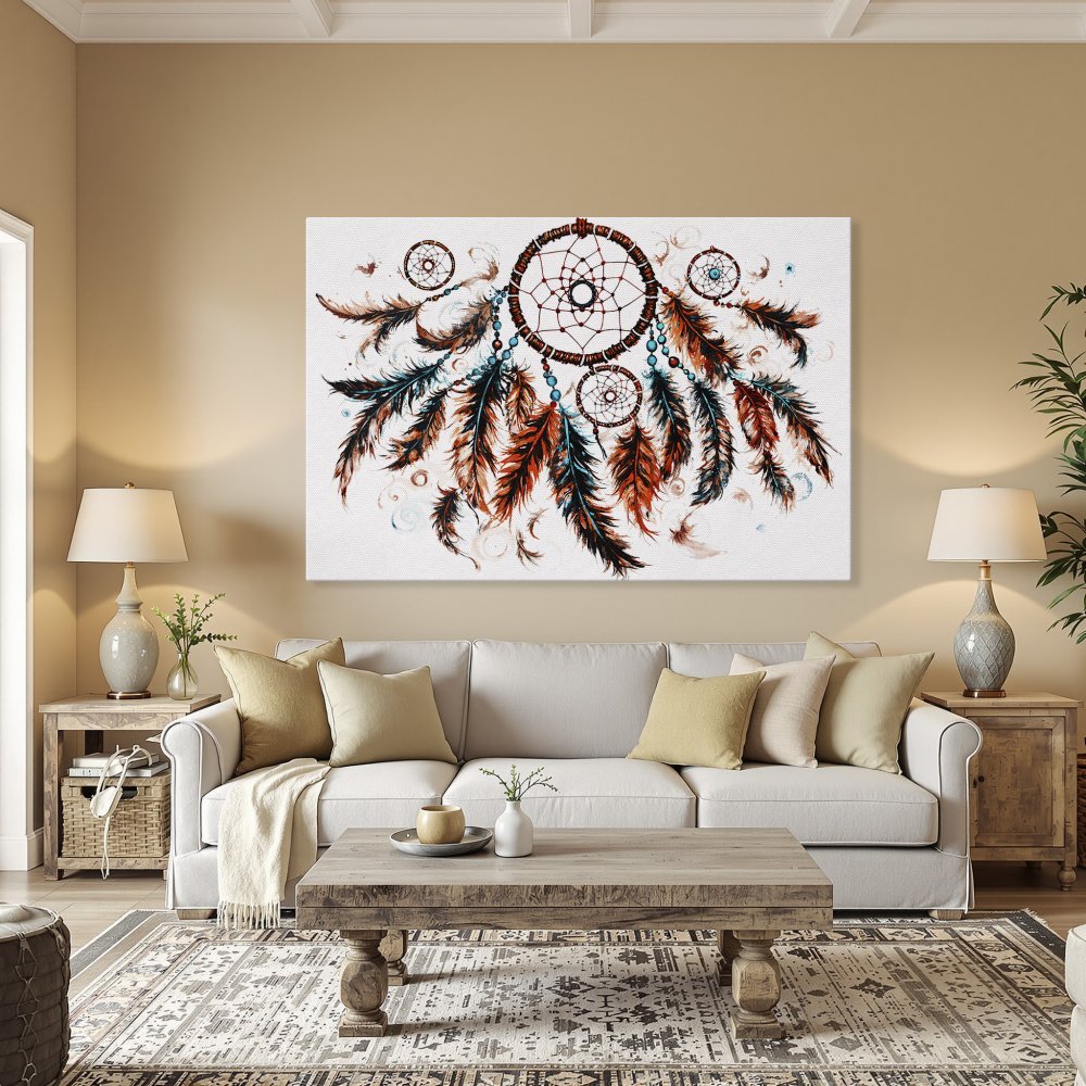 Framed Wall Art: Dreamcatcher canvas print in warm tones of orange, teal, and brown. Boho style wall decor for living room or bedroom.