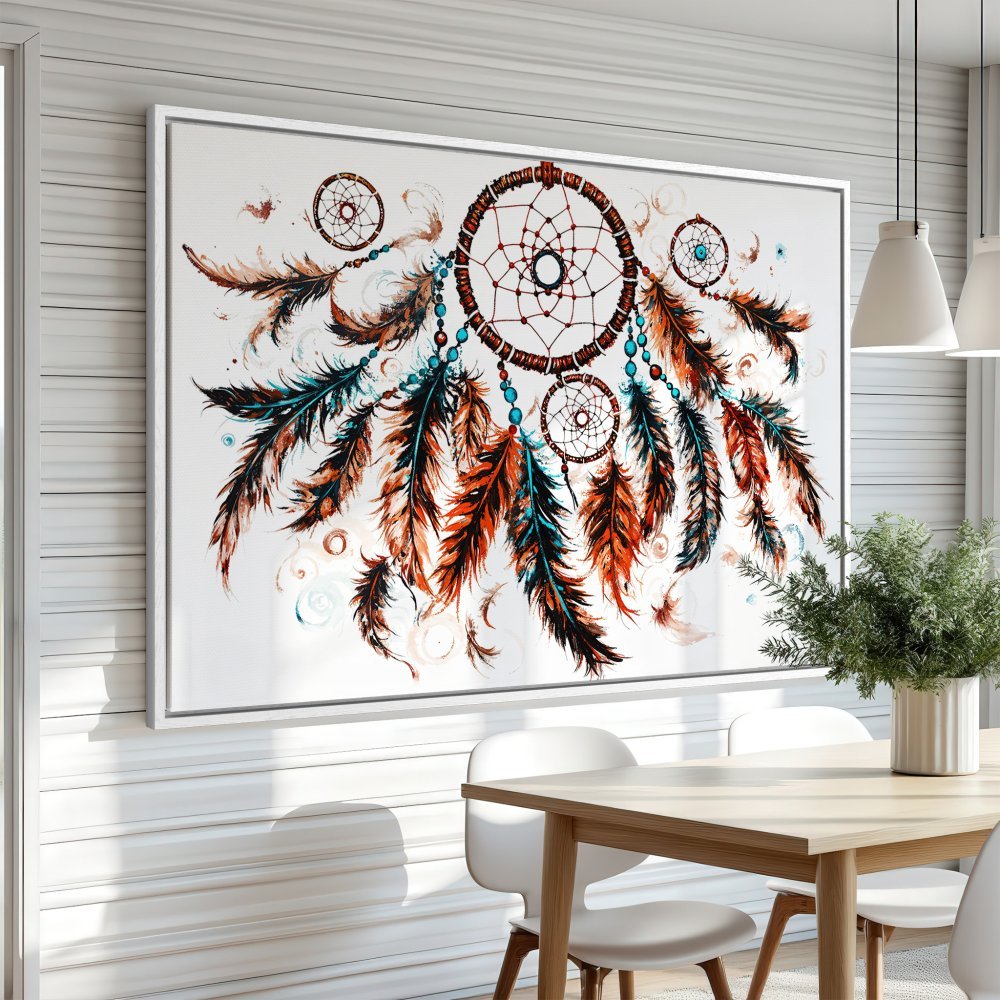 Framed Wall Art: Dreamcatcher print with watercolor feathers in teal, orange, and brown. Boho style canvas art for your home decor.