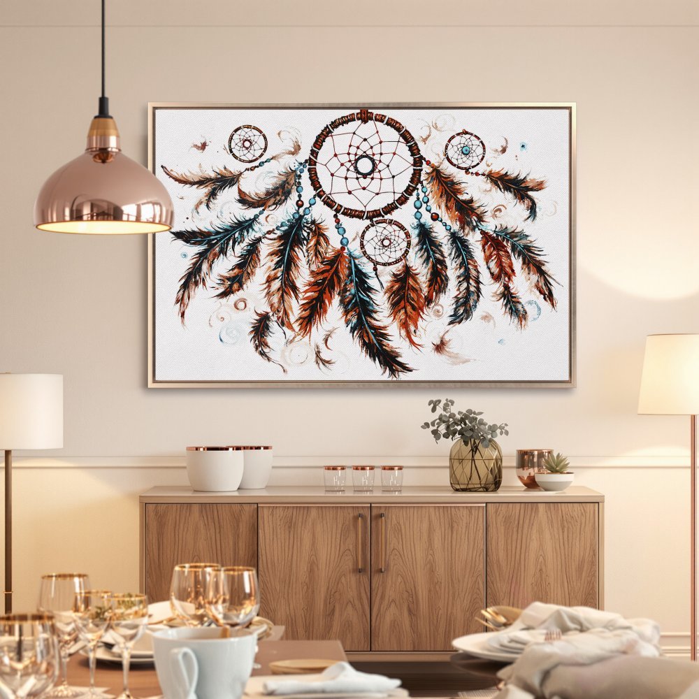 Framed Wall Art: Dreamcatcher print with earthy tones. Boho style canvas art for living room or bedroom decor.