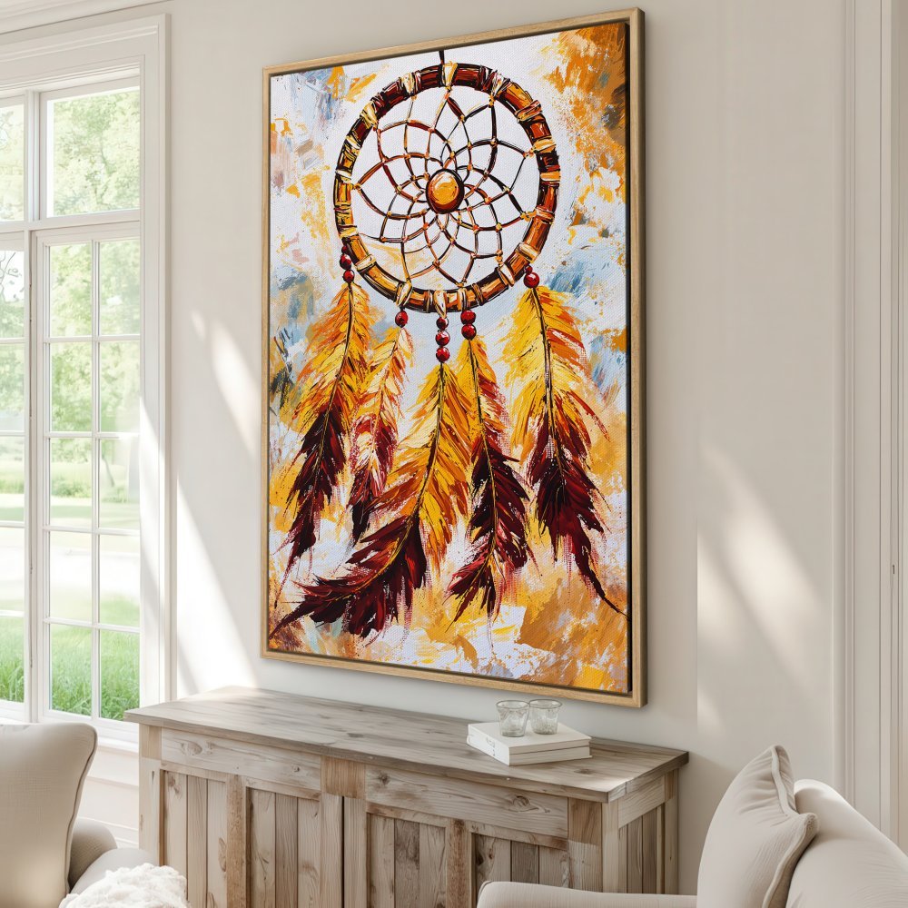 Framed Wall Art: Dreamcatcher painting in warm yellow & brown tones. Boho style canvas print perfect for living room decor.