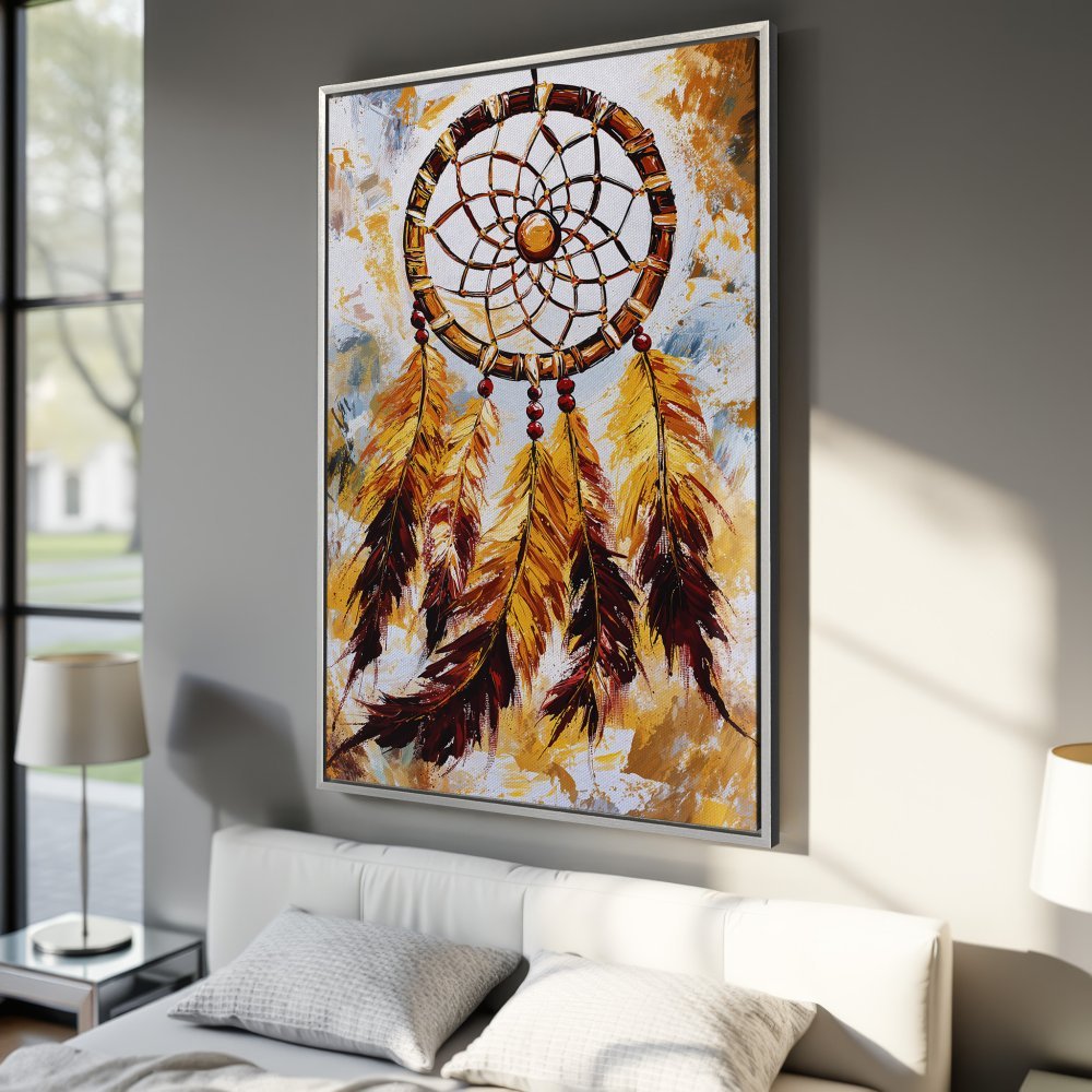 Framed Wall Art: Dreamcatcher canvas print in warm gold and brown tones. Add bohemian style to your bedroom decor!