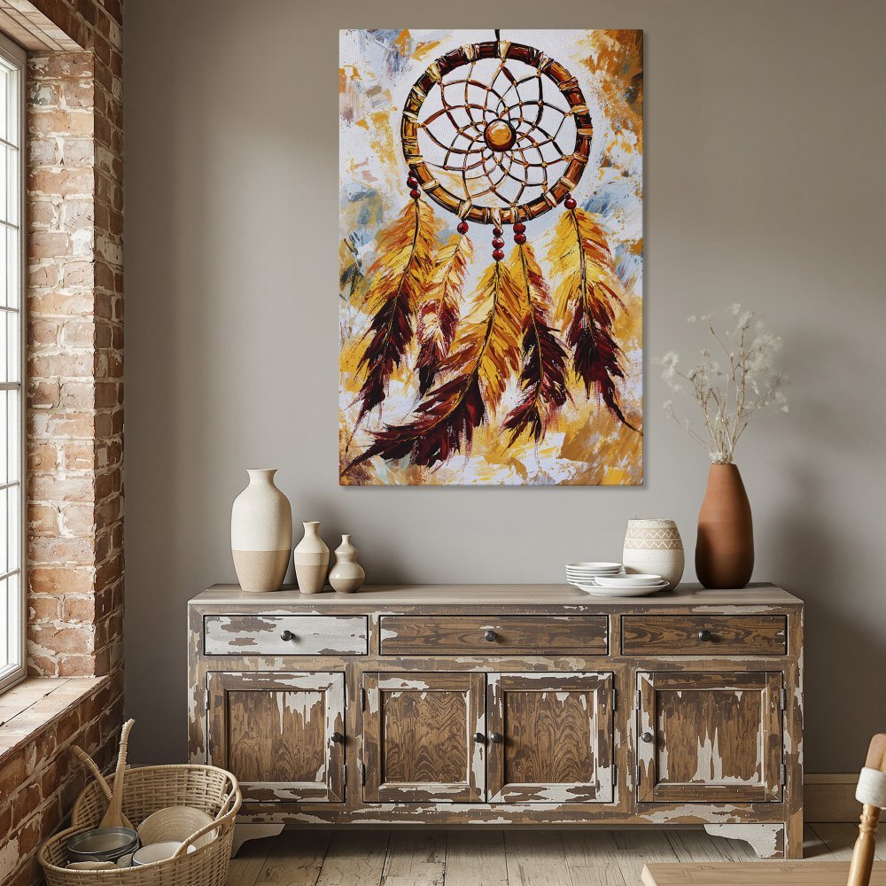 Framed Wall Art: Dreamcatcher painting in warm orange and brown tones. Perfect for boho decor. Enhance your living room with this canvas print.