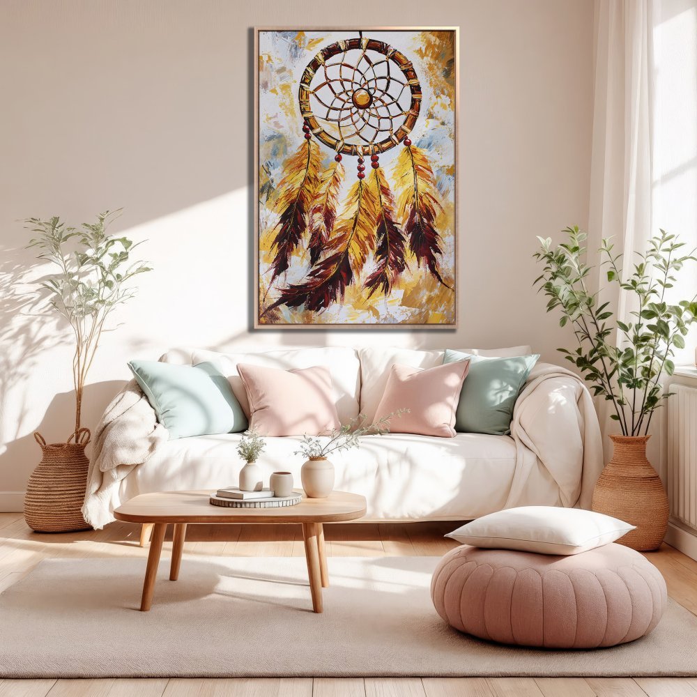 Framed Wall Art: Dreamcatcher painting in warm yellow & brown tones. Boho style canvas print perfect for living room decor.