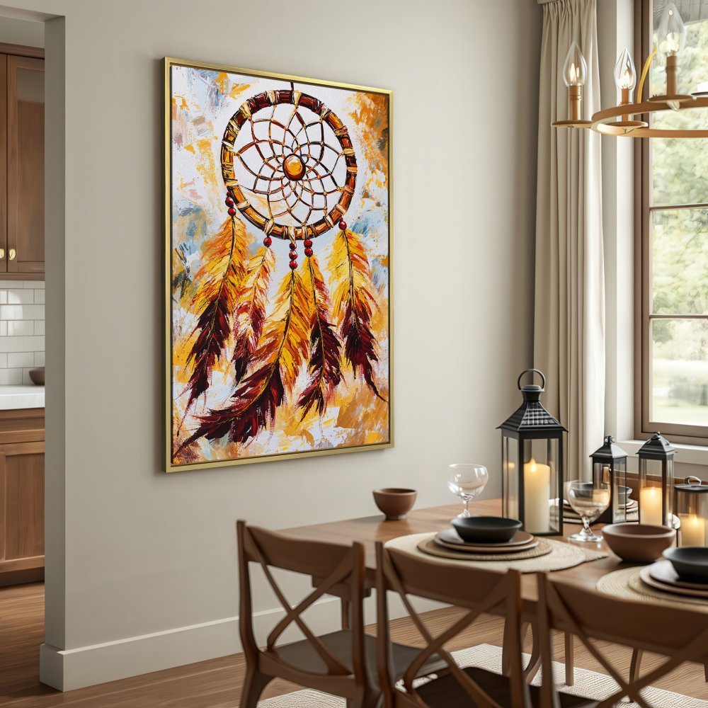 Canvas Print of a dreamcatcher in warm yellow and brown tones, perfect for boho decor.